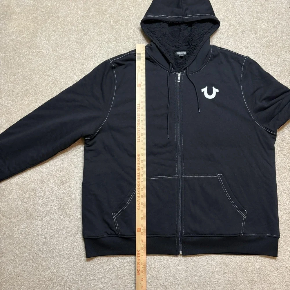 True Religion Hoodie Sweatshirt Mens 3XL Black Logo Seal Sherpa Full Zip Buddha